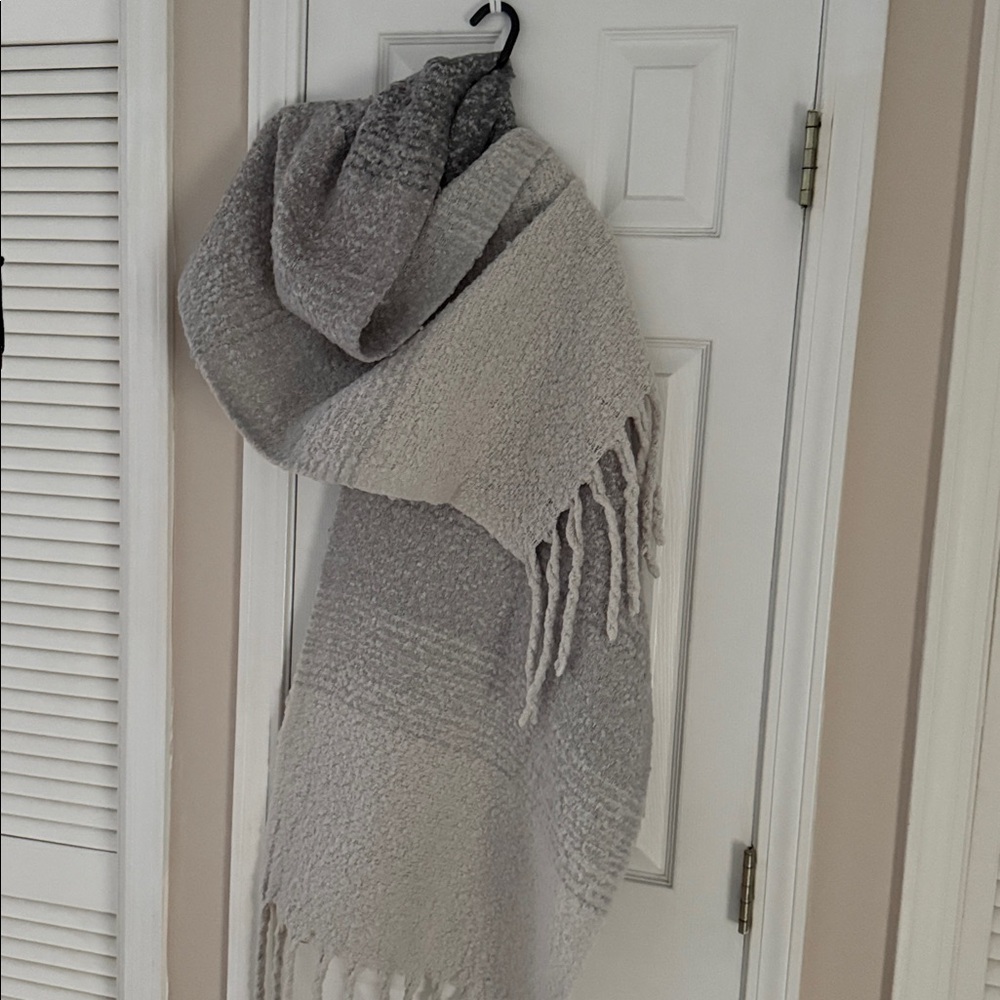 Cozy Gray and Cream Fringed Scarf